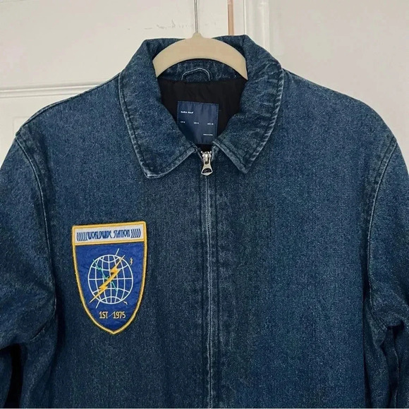 Zara Men Denim Lined Jacket Zip Closure Size Medium With Chest Patch - Picture 6 of 8